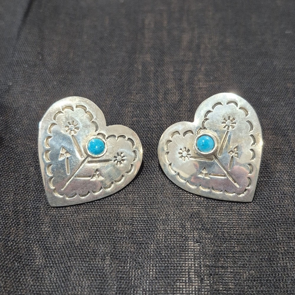 Gorgeous Sterling Silver And Turquoise Heart Earrings From Mexico